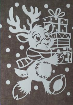 a christmas card with a reindeer holding a gift box in it's mouth and snowflakes on the ground