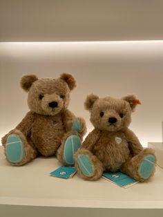 two brown teddy bears sitting next to each other