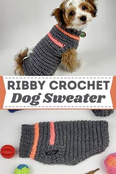 a dog is wearing a sweater and sitting next to crocheted balls with the title ribby crochet dog sweater