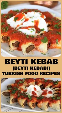 two plates with different types of food on them and the words beryli kebab