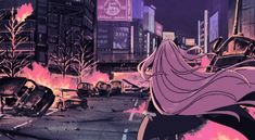 an anime scene with a woman standing in the middle of a street surrounded by burning cars