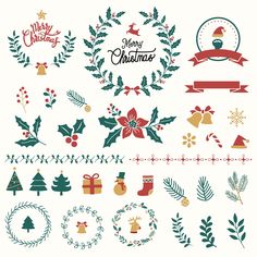 christmas decorations and wreaths are arranged on a white background