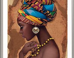 a painting of a woman with an african headdress and jewelry on her neck