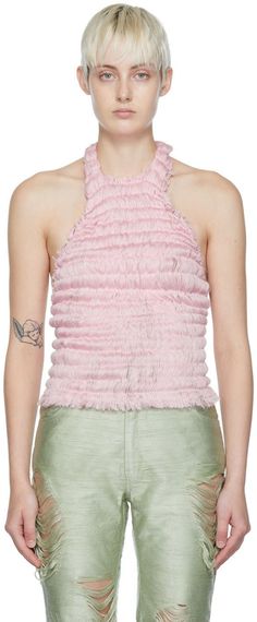 Handcrafted semi-sheer polyester tulle tank top. Loose thread detailing throughout. · Modified boat neck · Beaded detailing at open back Supplier color: Baby pink | Constança Entrudo Pink Polyester Tank Top Pink Tank Halter Top For Spring, Feminine Pink Halter Top, Polo Top, Pink Tank Top, Cami Tanks, Boat Neck, Baby Pink, Tank Top Fashion, Open Back