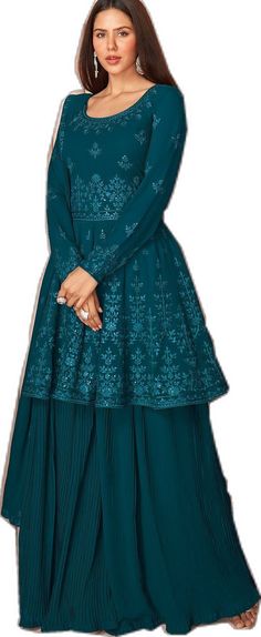 Blue Floor-length Sharara With Chikankari Embroidery, Floor-length Blue Sharara With Chikankari Embroidery, Floor-length Blue Georgette Sharara, Blue Floor-length Georgette Sharara, Semi-stitched Blue Georgette Sharara, Indian Wedding Party, Party Wear Salwar, Embroidered Sharara, Wedding Party Wear