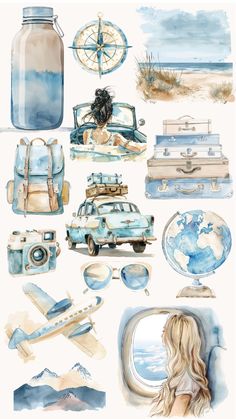 a watercolor painting of various items from the ocean to the sky, including an airplane and