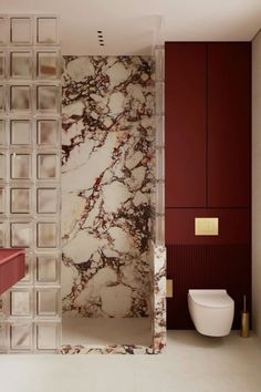 a bathroom with marble walls and flooring next to a white toilet in a room