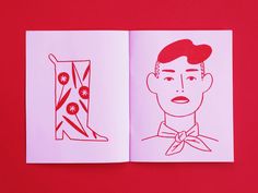 an open book with a drawing of a man's face on the cover and a red background