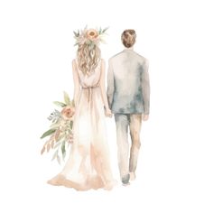 a watercolor painting of a bride and groom holding hands with flowers in their hair