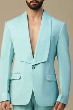 Ice blue single button wide lapel suit. Paired with a matching pant. - Aza Fashions Elegant Blue Formal Unstitched Suit, Formal Blue Unstitched Suit, Elegant Fitted Blue Unstitched Suit, Suit Set For Men, Couture Suit, Italian Suit, Italian Colors, Tuxedos, Suit Set