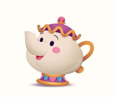 an elephant teapot with a pink crown on it's head and purple hair