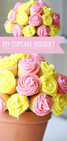 cupcake bouquet in a pot with pink and yellow frosting