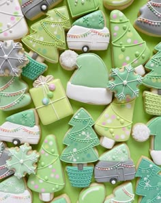 christmas cookies decorated with green and white icing