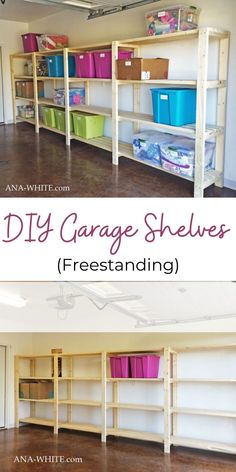 an empty garage shelving with plastic bins on top and the words diy garage shelves