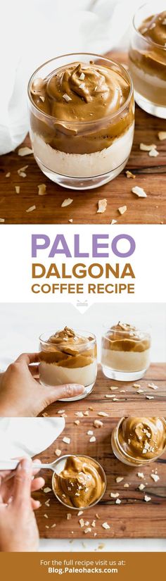 the cover of paleo dalgona coffee recipe, with three desserts in bowls