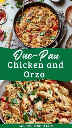 one - pan chicken and orzo is an easy dinner that's ready in less than 30 minutes