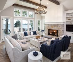 a living room filled with furniture and a fire place in the middle of a room