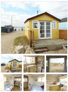 several pictures of small houses on the beach