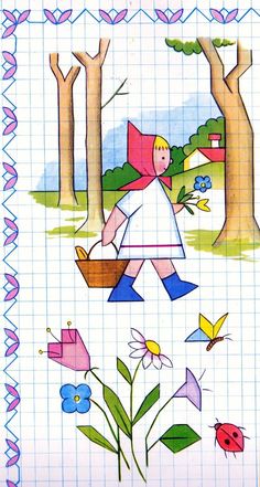 a drawing of a girl walking in the woods with flowers and butterflies on her back