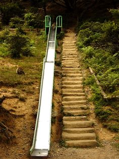 a long white slide going down the side of a hill with stairs leading up to it