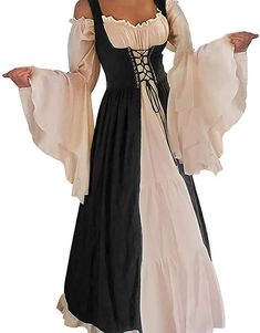 PRICES MAY VARY. Chemise and Over Dress: This womens medival renaissance costume two-piece set including a flare long sleeves chemise dress, a off the shoulder renaissance overdress and 4 drawstring. Lacing-Up Adjustments: The lacing-up at the front and with corset the waist back which are adjustable to fit your figure. The 2 shoulder ties ensure that the overdress does not fall off from shoulder and also stylish. Fabric: This renaissance dress lightweight soft fabric. Elasticized neckline with Vestidos Medieval, Medieval Corset, Aesthetic Medieval, Masquerade Party Dresses, Bridal Sleeves, Viking Aesthetic, Pirate Dress, Viking Warriors, Flowing Sleeves