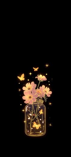 a vase filled with pink flowers on top of a black background and butterflies flying around