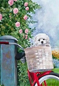 a painting of a dog in a basket on a bicycle