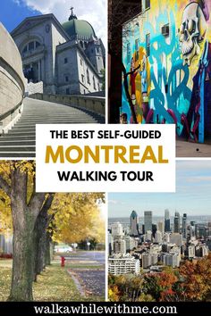 A Montreal Canada travel collage, including photos of the Montreal skyline and downtown Montreal from the Mount Royal Lookout in the Montreal fall, some autumn trees covered in yellow leaves on a quiet street, the Montreal street art of a skeleton near Boulevard Saint-Laurent, and the steps going up to the St Joseph Oratory (one of the best things to do in Montreal), and the words "The Best Self-Guided Montreal Walking Tour" Montreal Canada Fall, Summer Montreal, Montreal Fall, What To Do In Montreal, Road Trip Games For Kids, Travel Montreal, Places To Visit In Canada