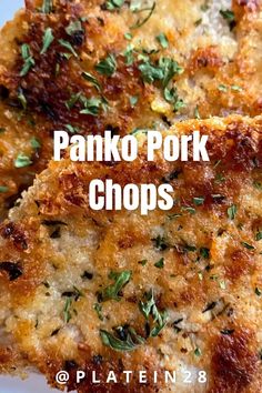 two pieces of pizza with parsley on top and the words panko pork chops above it