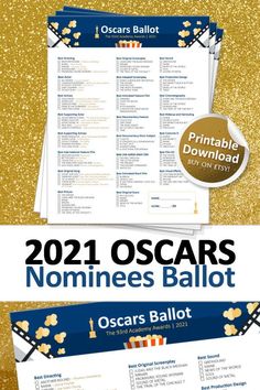 the oscars nominated list is shown in blue and white with gold glitter on it