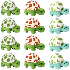 several stuffed animals with different colors and patterns on them, including one tortoise