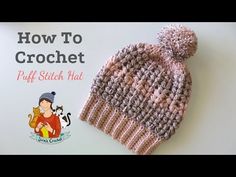 a crocheted hat with a cat on it and the title how to crochet puff stitch hat