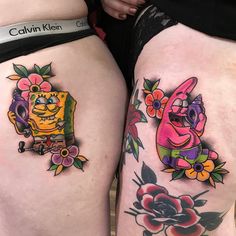 two women with matching tattoos on their legs, one has a spongebob and the other has a flower