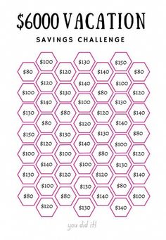 the $ 6000 vacation savings challenge is shown in pink and white, with hexagonal