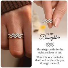 😘Our beautiful ring symbolizes the highs and lows in life. It is the perfect way to express your everlasting love and encouragement to your beautiful daughter. Perfect for every occasion! 💗CARD MESSAGE💗 To My Daughter, This ring stands for the highs and lows in life. Wear this as a reminder that I will be there for you through them all. *Heartwarming Message Card Included Product Details -Material: 925 Sterling Silver -Stone: AAA Grade Cubic Zirconia -Quality: 100% brand new, high quality -Si Message To My Daughter, Mother Daughter Rings, Daughter Ring, Mom Daughter Gifts, Daughter Jewelry, Wave Ring, Ring Minimalist, Enamel Ring, Zircon Ring