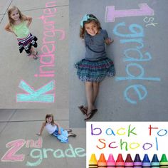 two girls and one boy are standing in front of chalk writing on the sidewalk with back to school signs