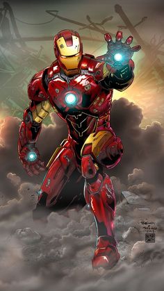 an iron man standing in the clouds with glowing hands