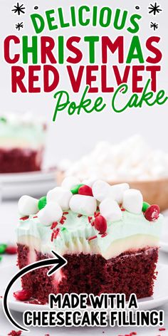 a red velvet poke cake with white and green frosting on top, in front of the recipe title