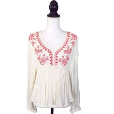 Chelsea & Violet Boho Floral Embroidered Long-Sleeve Top Ivory Cream Size: Small Details: 100% Rayon. Floral Design. V-Neck. Eyelet On The Borders. Crinkle. Long Sleeve. Measurements Laid Flat: Bust 19" Length 23" Condition: Nwt, New With Tags Tags: Blouse, Top, Boho, Closet Staple, Glam, Chic, Summer, Casual Traditional Cream Long Sleeve Top, Traditional Long Sleeve Cream Top, Summer Long Sleeve Top With Chikankari Embroidery, Summer Long Sleeve Chikankari Embroidered Top, White Long Sleeve Tops With Intricate Embroidery, Long Sleeve Chikankari Embroidered Top For Summer, Chikankari Embroidered Long Sleeve Top For Summer, Spring Festival Embroidered Long Sleeve Top, Long Sleeve Embroidered Top For Spring Festival