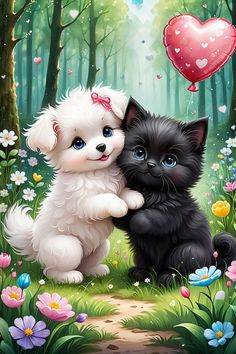 two black and white kittens sitting in the woods with a heart shaped balloon above them