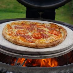 a pizza sitting on top of a white plate next to an open fire pit in the grass