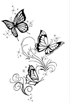 two butterflies flying in the air with swirls and stars on it's wings