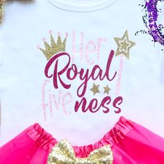 This is an adorable five year old birthday/Girl outfit. This outfit features a white shirt with the words "Royal Fiveness". The matching headband and tutu are both hot pink. Other bottoms/headbands are available in my shop as well to choose from.HOW TO ORDER:1. Shirt-Select Style and Size from the drop down-Puff Sleeve-S (Short Sleeve/Puff Sleeve-L (Long Sleeve). and add to cart.2. Add bottom and headband to complete the outfit for best value (optional).3. Complete purchase and enjoy. ***All ord Five Year Old Birthday Theme, Royal Fiveness, Toddler Birthday Outfit, Toddler Birthday Party, Birthday Tutu Outfit, Birthday Girl Outfit, Information Processing, Tutu Outfits, Sequin Bow