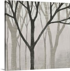 an abstract painting of trees in the fog