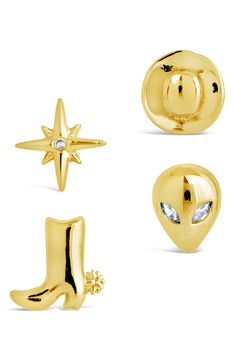 A Western hat and beaming star make a playful pairing in these mismatched stud earrings. 1/4" diameter 14k-gold plate/cubic zirconia Imported Space Cowgirl, Western Hat, Forever Jewelry, Mismatched Earrings, Solid Gold Earrings, Statement Drop Earrings, Mens Accessories Jewelry, Free Post, Earring Sale