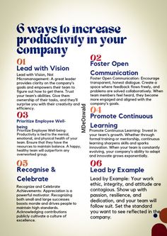 the six ways to increase productivity in your company infographical poster with text