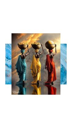 three women with baskets on their heads are standing in front of the water and clouds