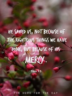 a pink flower with the words, he saved us, not because of the righteous things we have done, but because of his merry