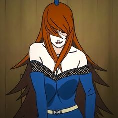 an animated image of a woman with long red hair and blue dress standing in front of a wall