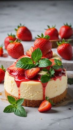 a cheesecake with strawberries on top and some green leaves around the edges, sitting on a marble surface